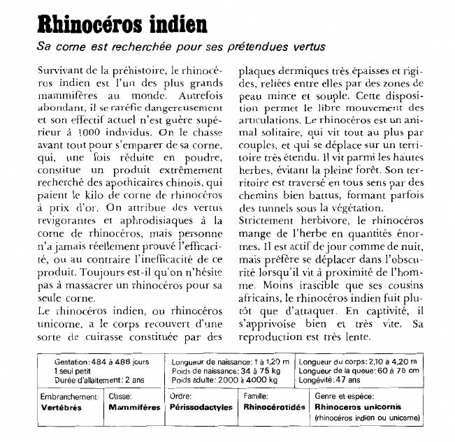 Prévisualisation du document Rhinocéros indien:Sa corne est recherchée pour ses prétendues vertus.