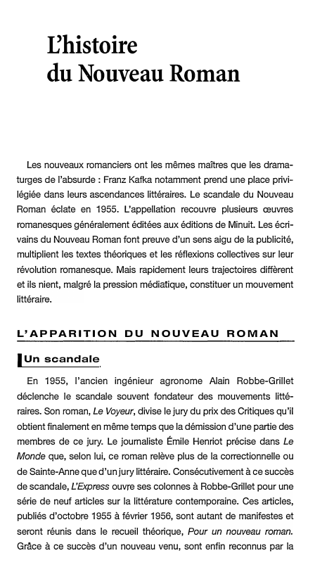 Prévisualisation du document rhistoire
du Nouveau Roman

Les nouveaux romanciers ont les mêmes maîtres que les drama­
turges de l'absurde : Franz Kafka...
