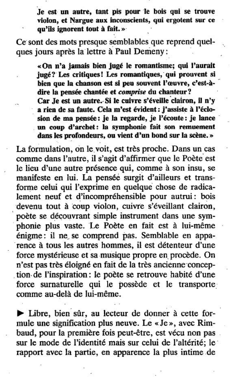 Prévisualisation du document Rimbaud " C'est faux de dire : je pense ; on devrait dire on me pense. Pardon du jeu de mots. Je est un autre. " (Rimbaud, Lettre à George Izambard du 13 mai 1871). Commentez cette citation.