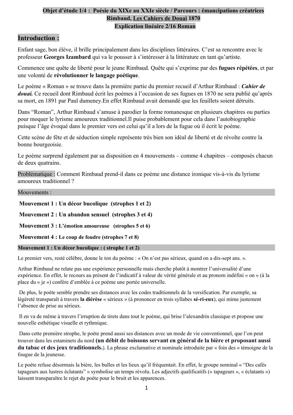 Prévisualisation du document Rimbaud, Les Cahiers de Douai 1870 Explication linéaire 2/16 Roman