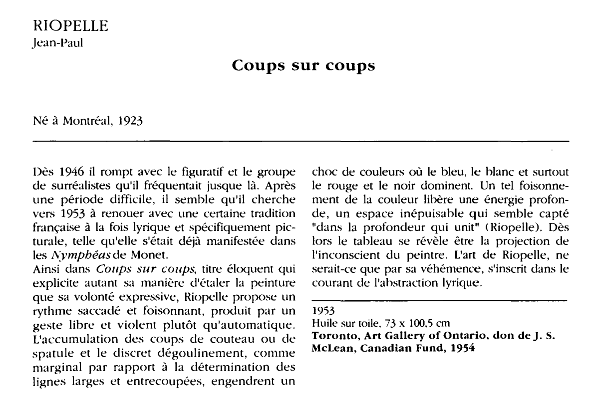 Prévisualisation du document RIOPELLE Jean-Paul : Coups sur coups