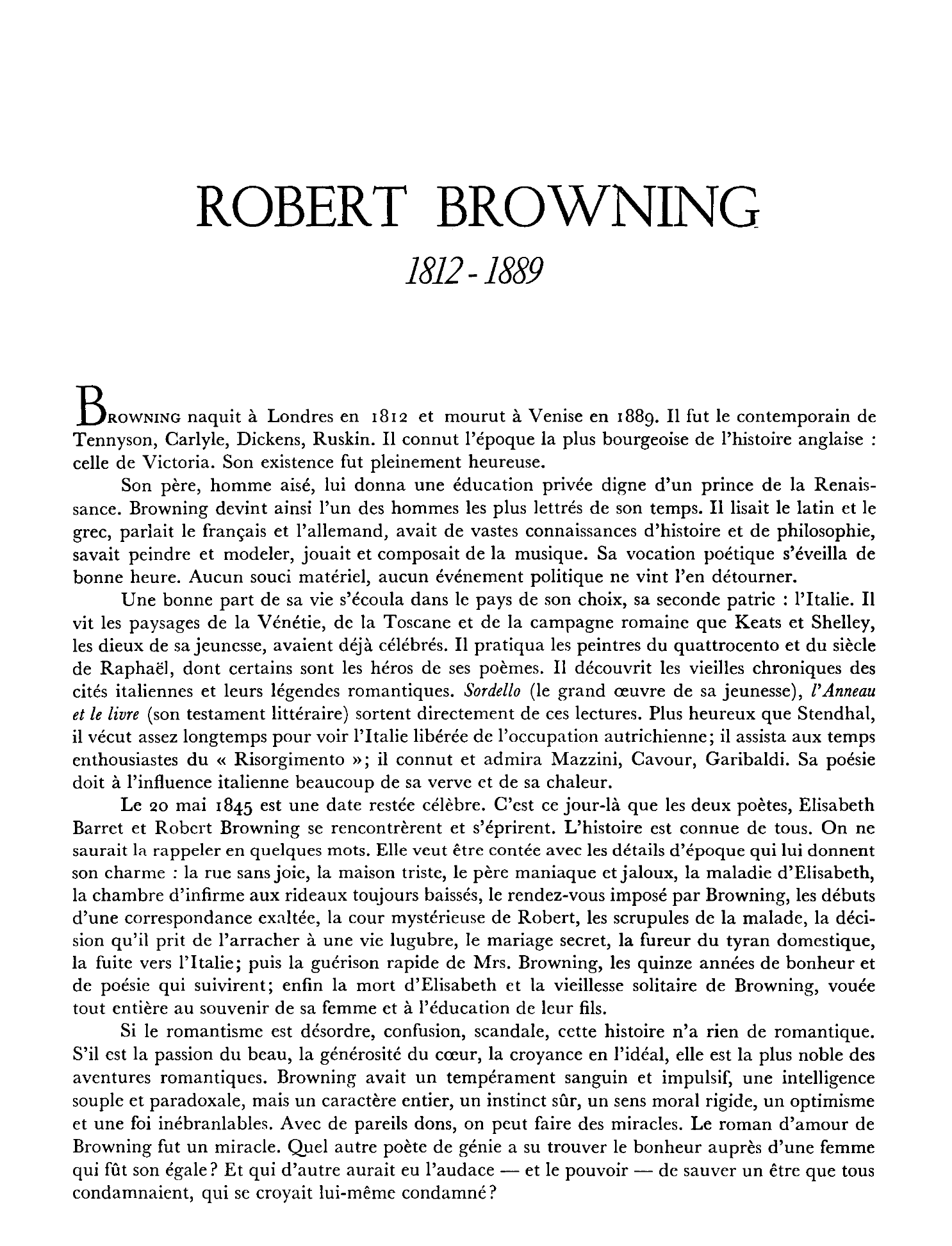 Prévisualisation du document Robert BROWNING: Poèsies (Résumé & Analyse)