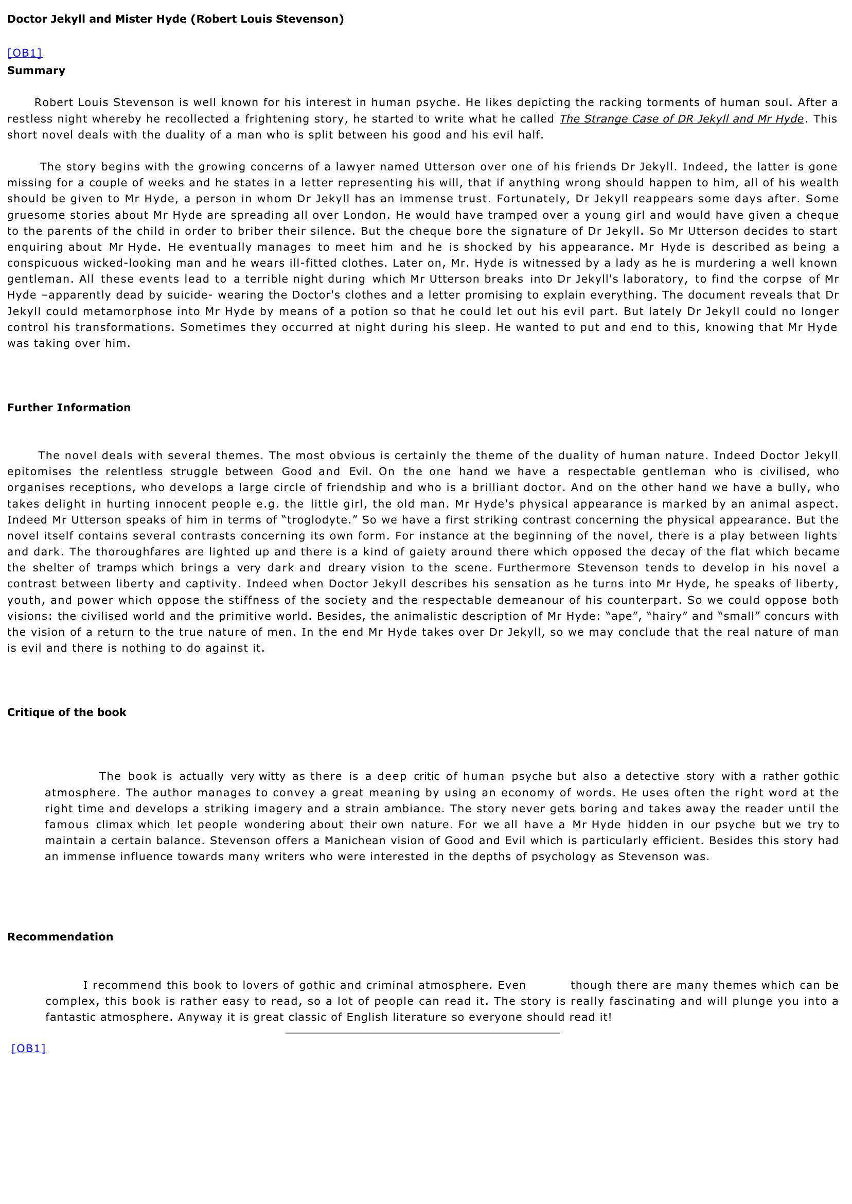 Prévisualisation du document Robert Louis Balfour STEVENSON: Dr Jekyll et Mr Hyde (Résumé & Analyse)