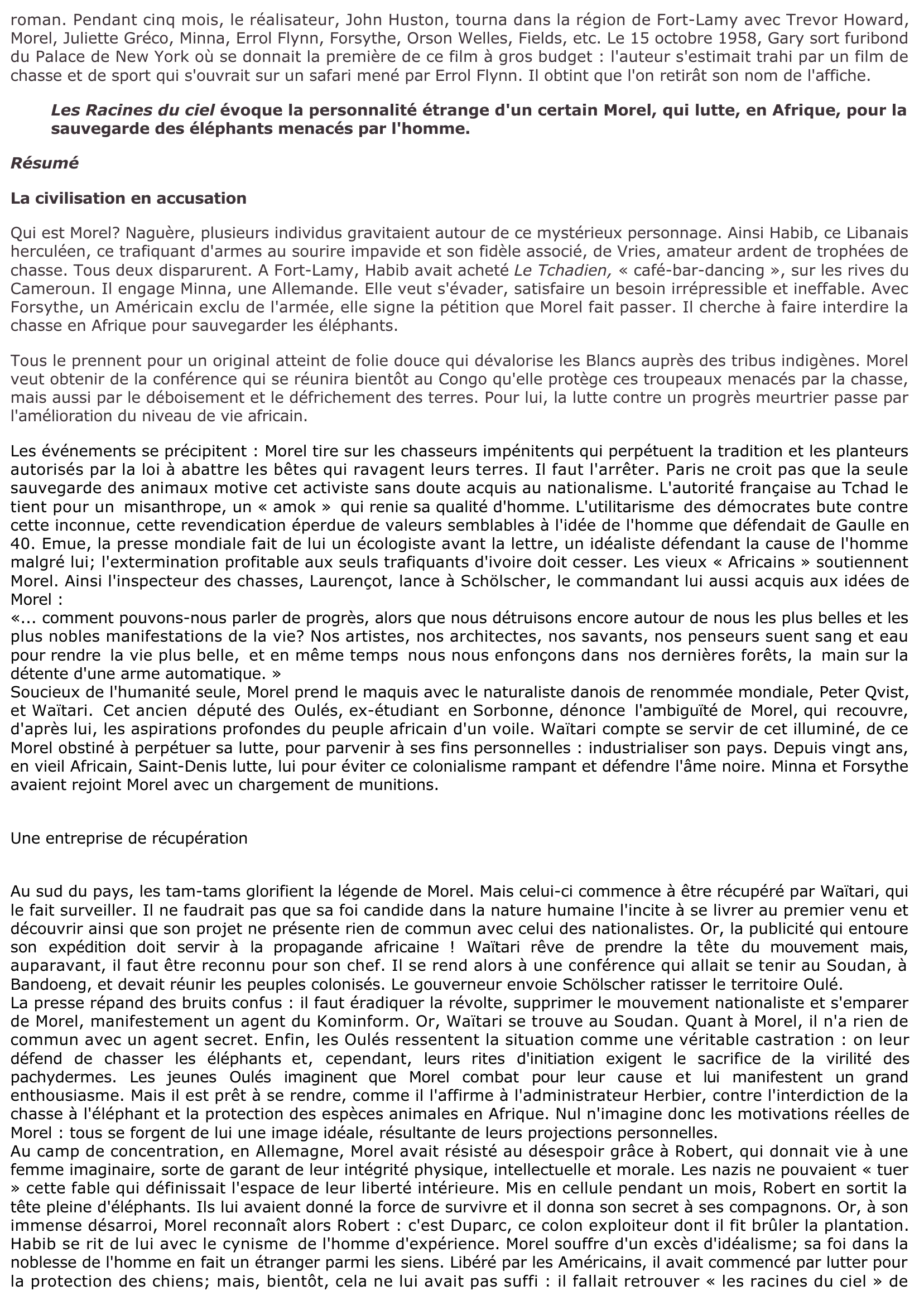 Prévisualisation du document Romain Gary: Les Racines du ciel (Fiche de lecture)