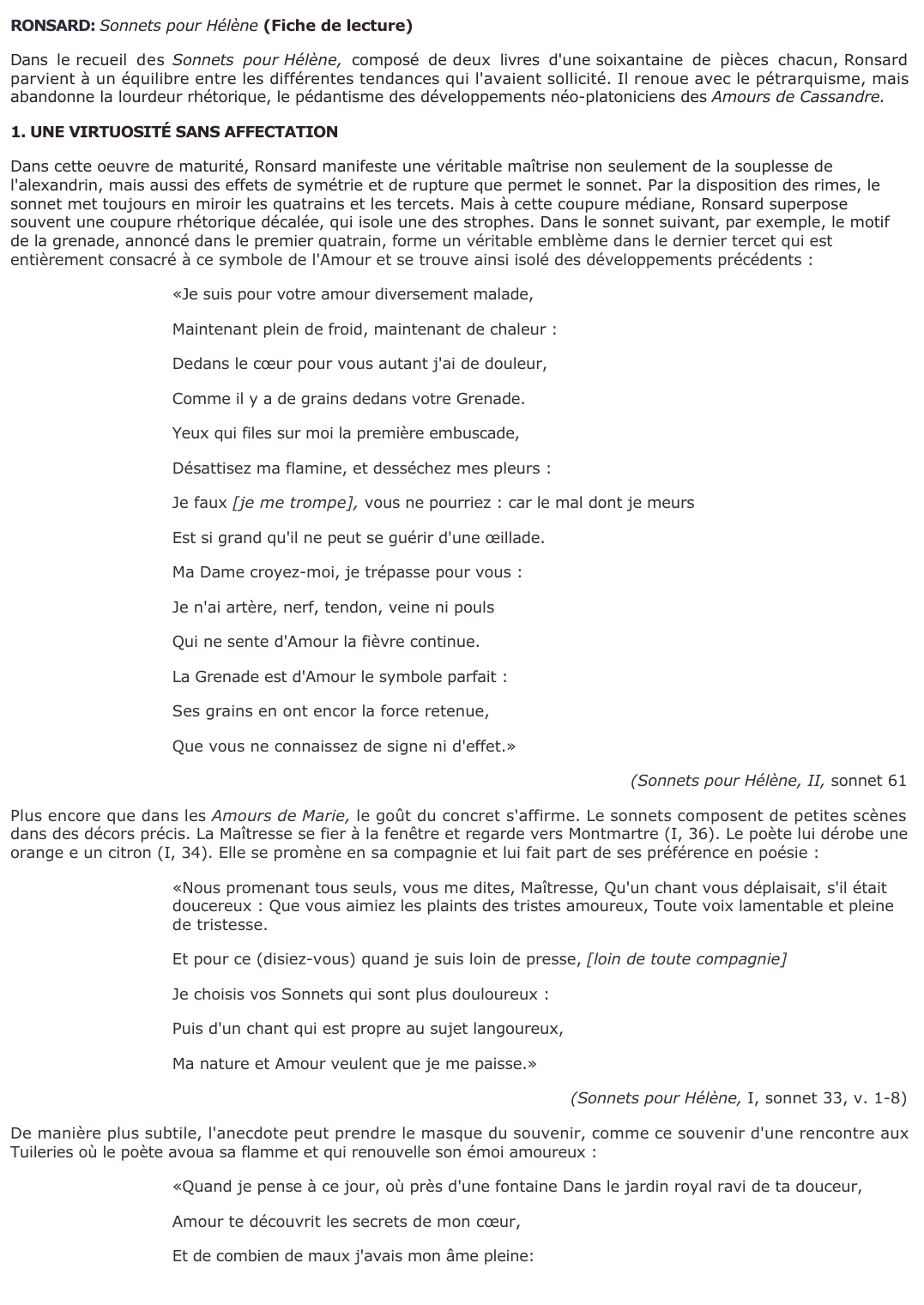 Prévisualisation du document RONSARD: Sonnets pour Hélène (Fiche de lecture)