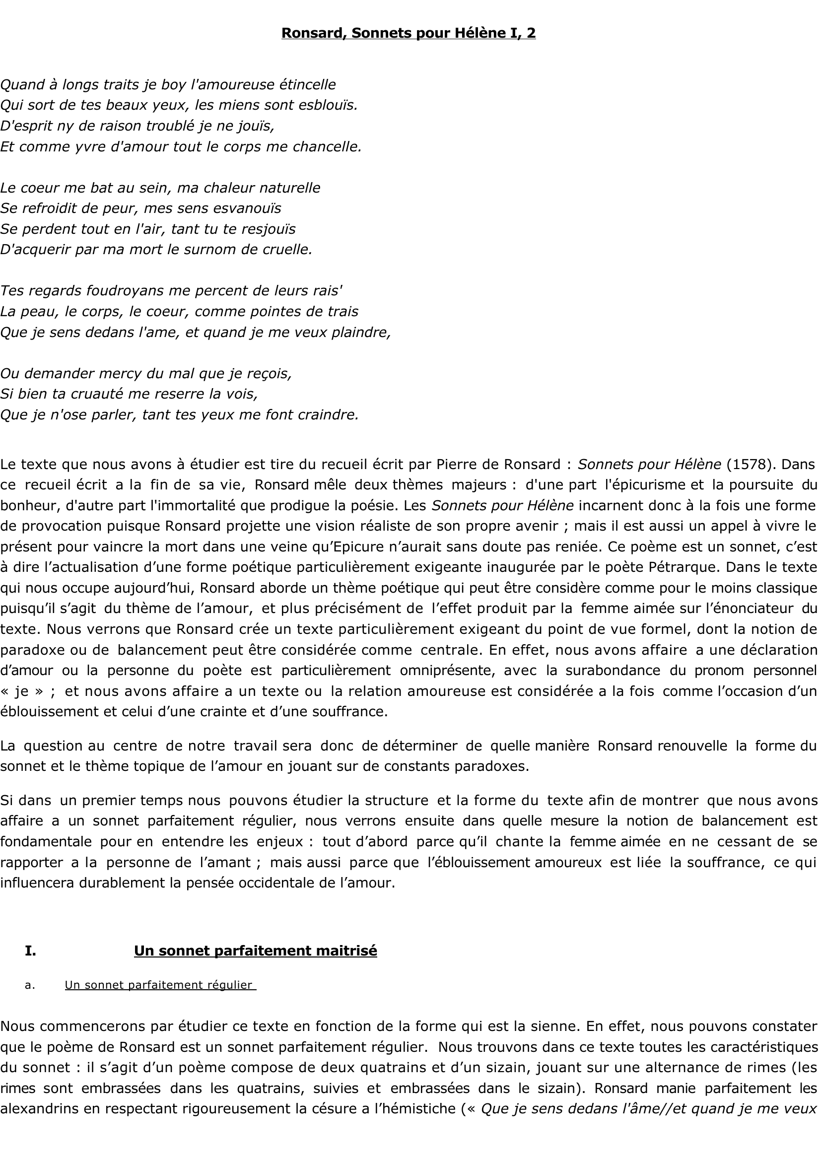 Prévisualisation du document Ronsard, Sonnets pour Hélène I, 2