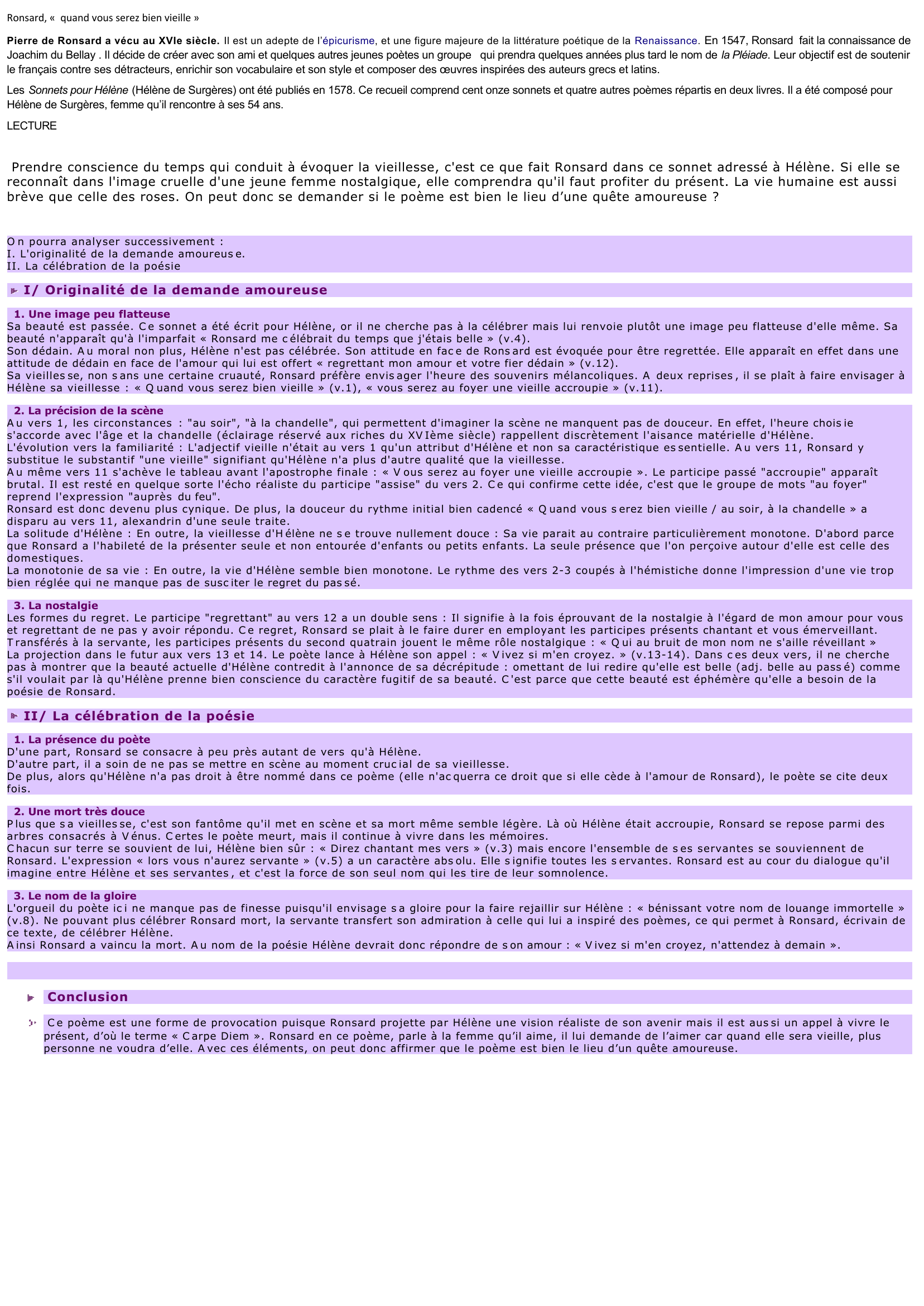 Prévisualisation du document Ronsard – Sonnets pour Hélène - « Quand vous serez bien vieille »