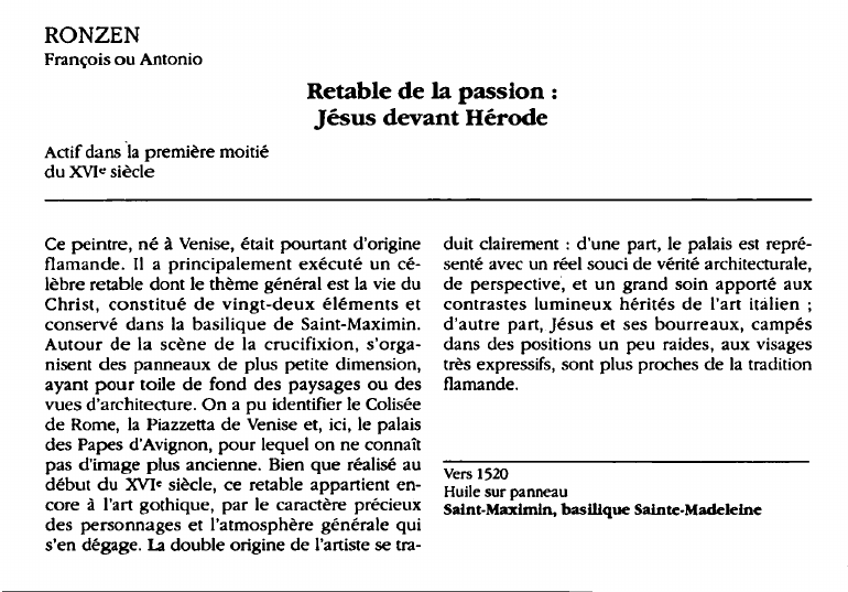 Prévisualisation du document RONZENFrançois ou Antonio:Retable de la passionJésus devant Hérode (analyse).