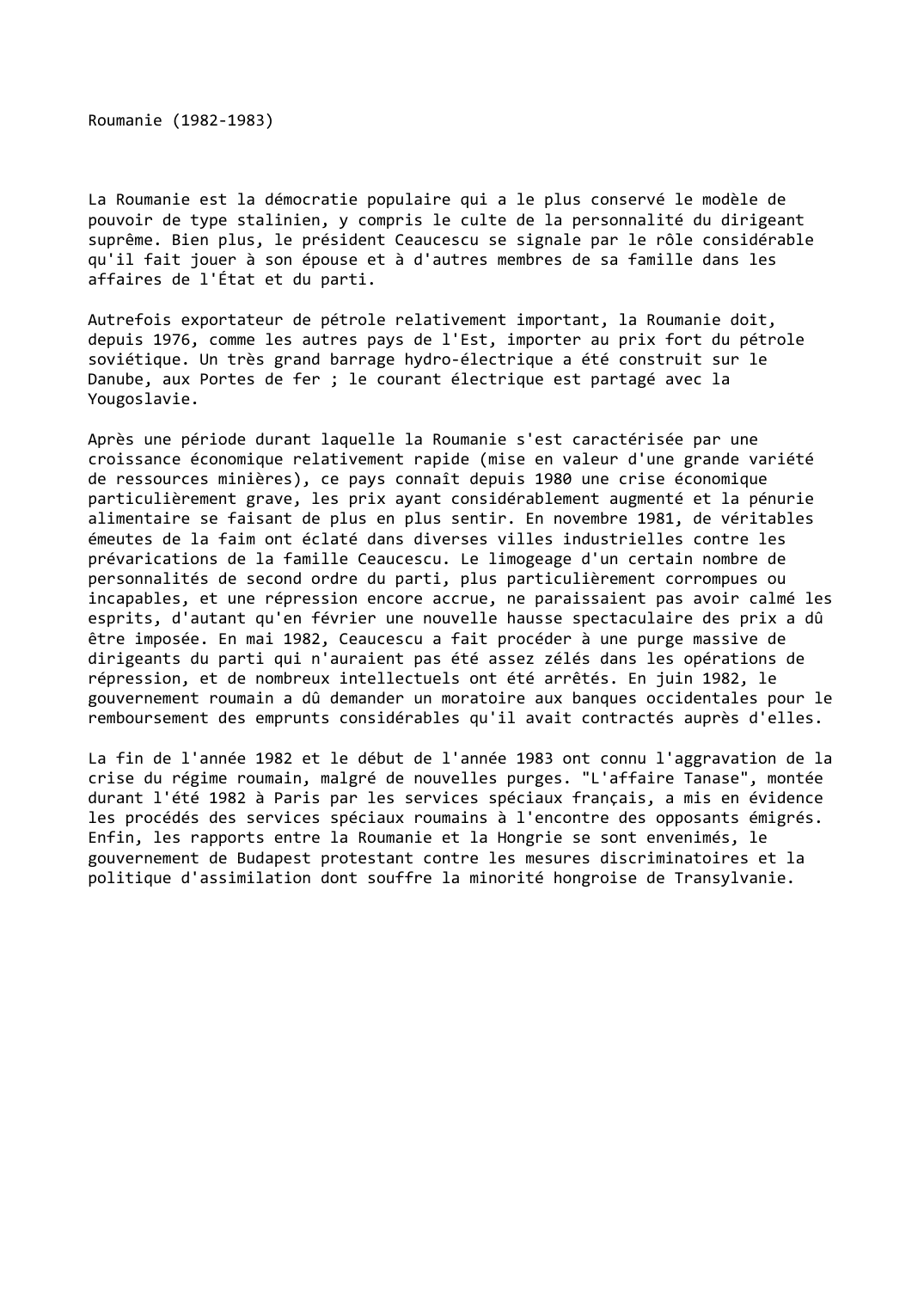 Prévisualisation du document Roumanie (1982-1983)