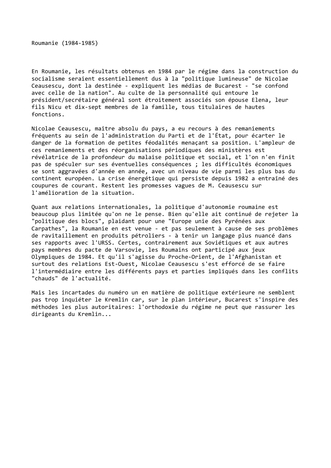 Prévisualisation du document Roumanie (1984-1985)