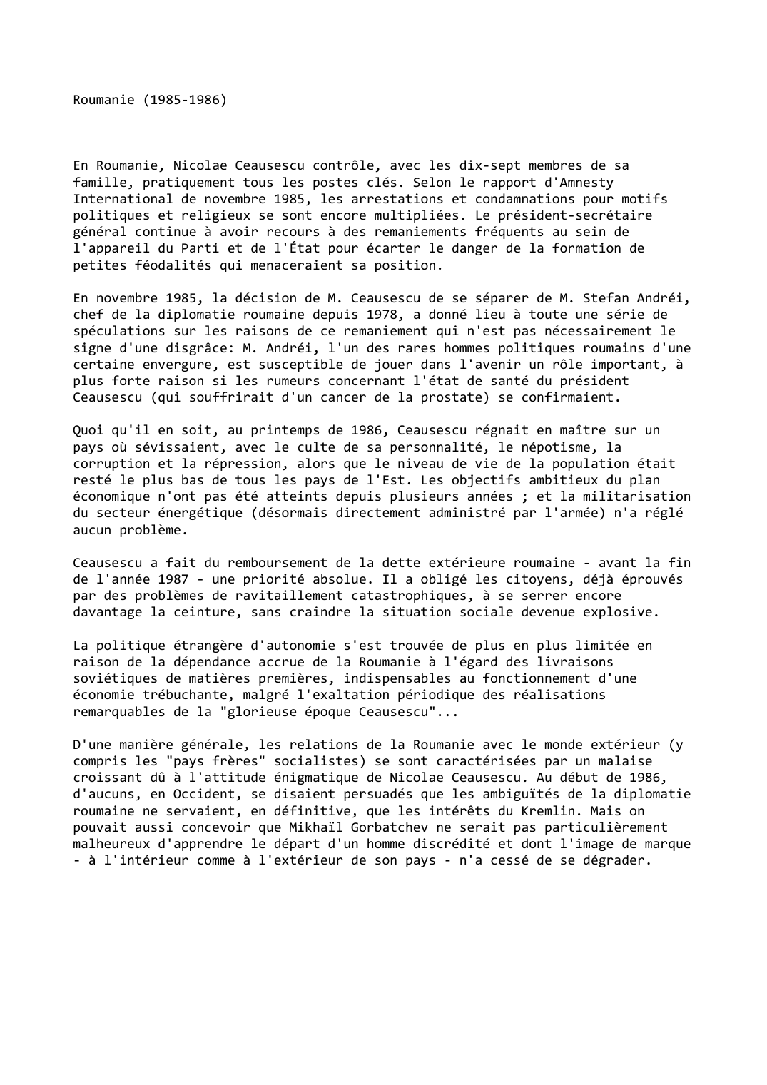 Prévisualisation du document Roumanie (1985-1986)