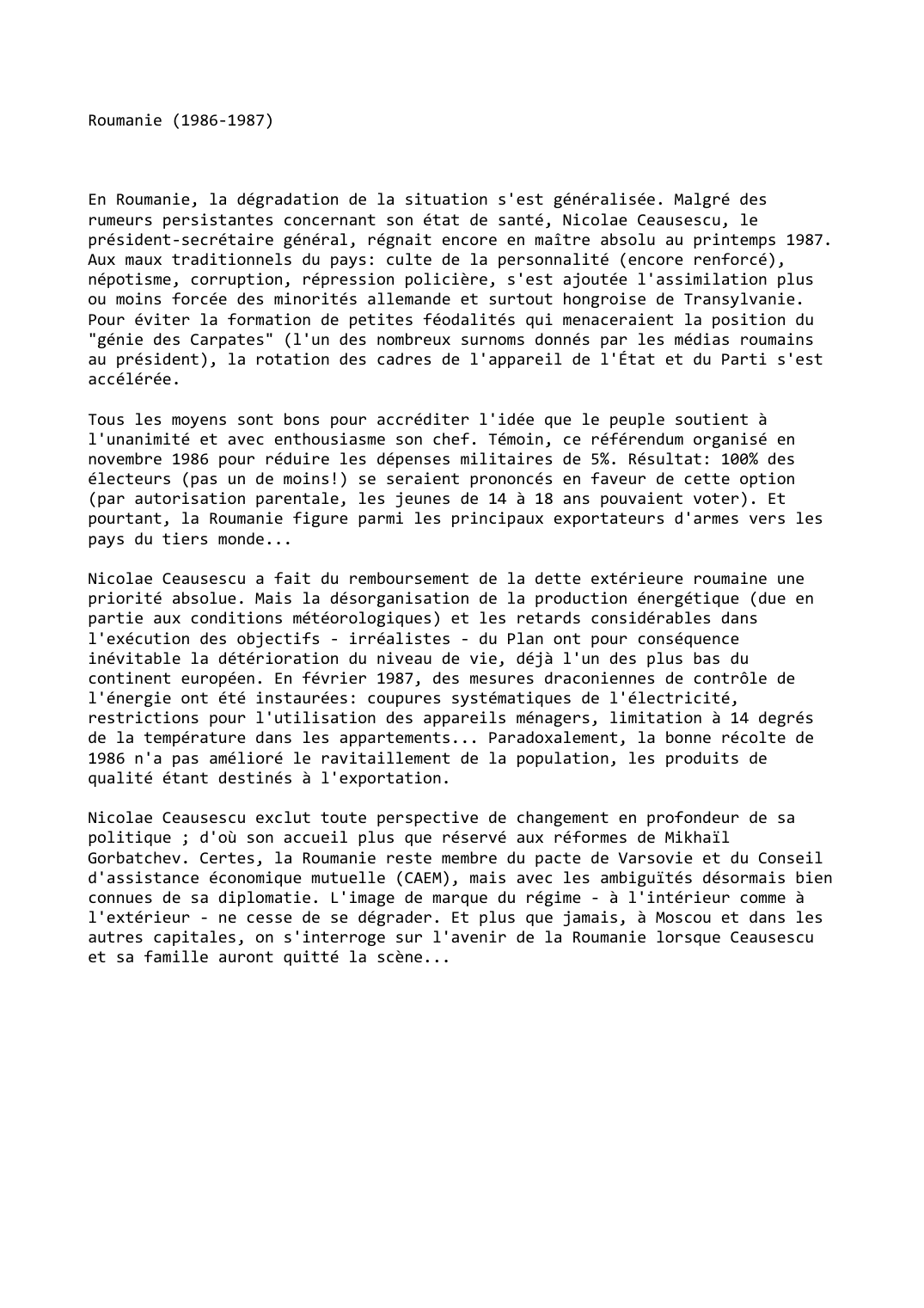 Prévisualisation du document Roumanie (1986-1987)