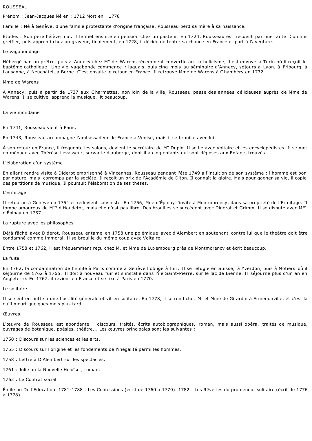 Prévisualisation du document ROUSSEAU Prénom : Jean-Jacques Né en : 1712 Mort en : 1778