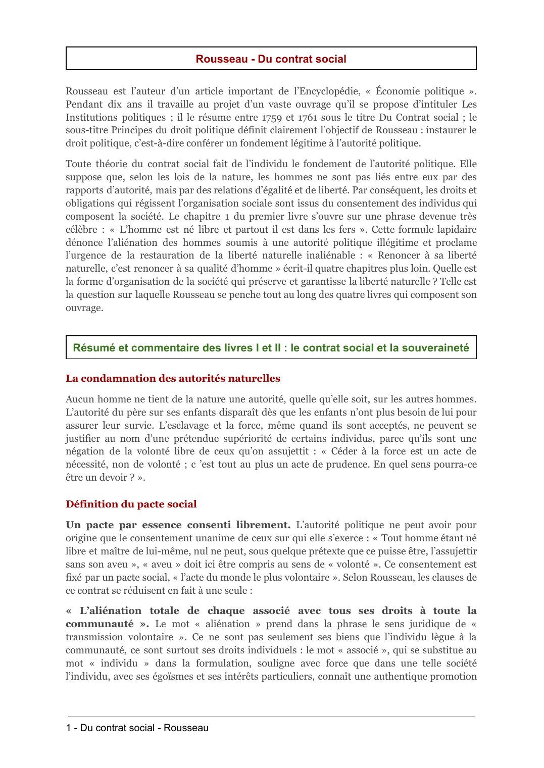 Prévisualisation du document Rousseau - Résumé et commentaire des livres I et II : le contrat social et la souveraineté