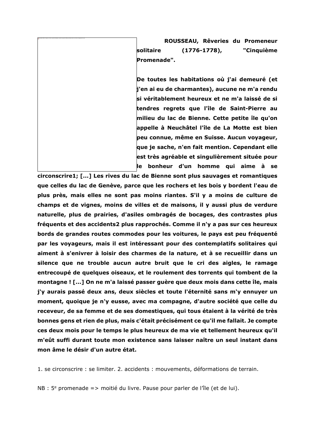 Prévisualisation du document ROUSSEAU, Rêveries du Promeneur solitaire (1776-1778), "Cinquième Promenade". Commentaire