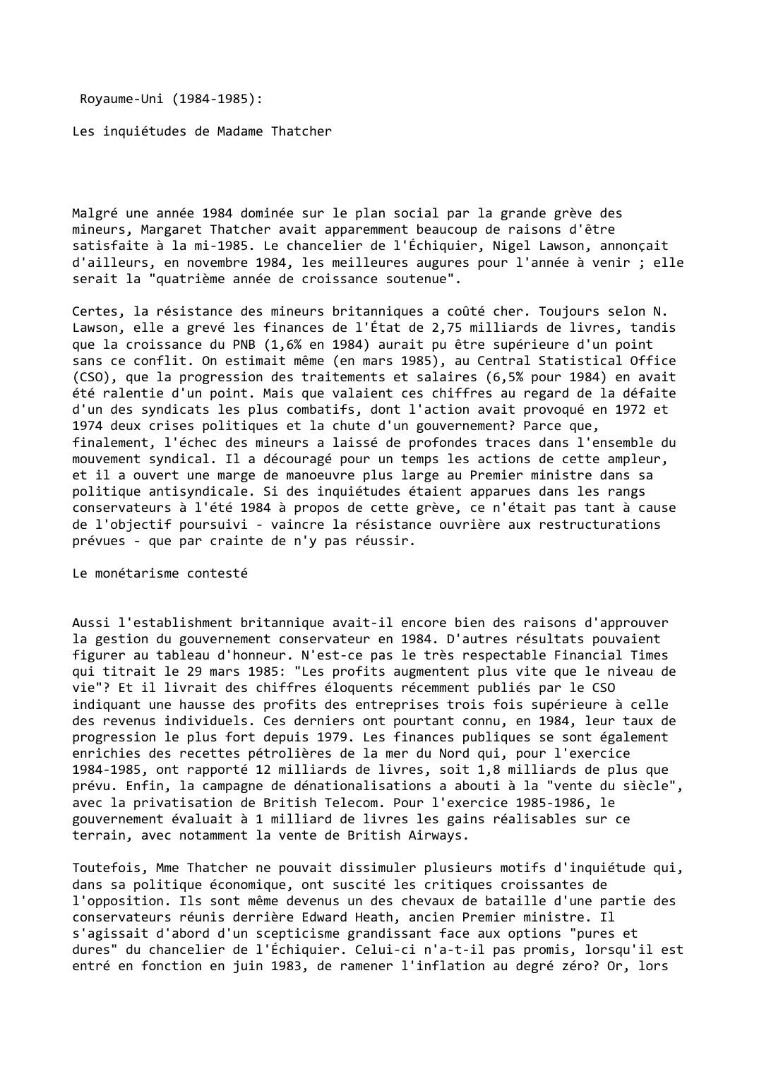 Prévisualisation du document Royaume-Uni (1984-1985):

Les inquiétudes de Madame Thatcher