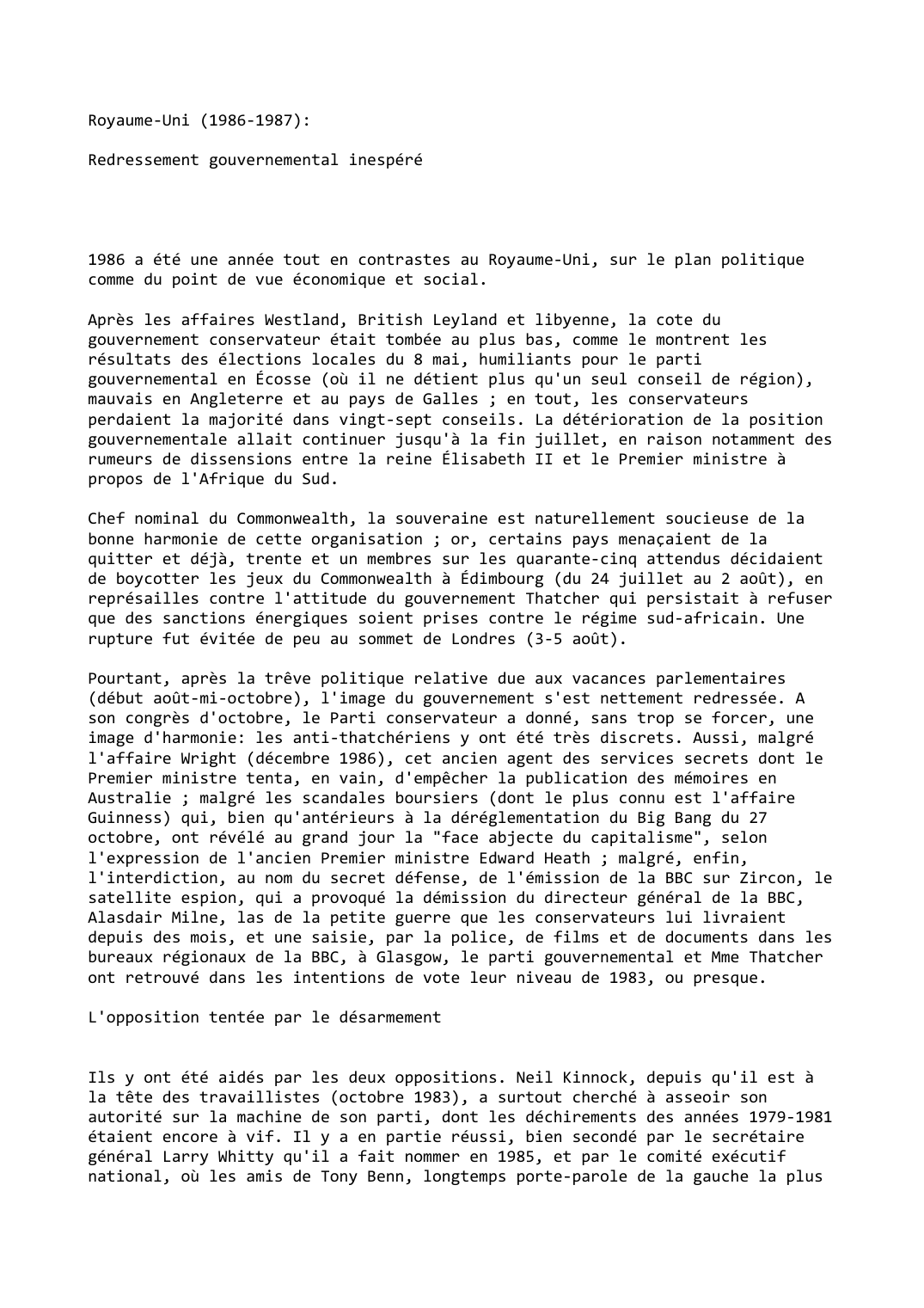 Prévisualisation du document Royaume-Uni (1986-1987):

Redressement gouvernemental inespéré