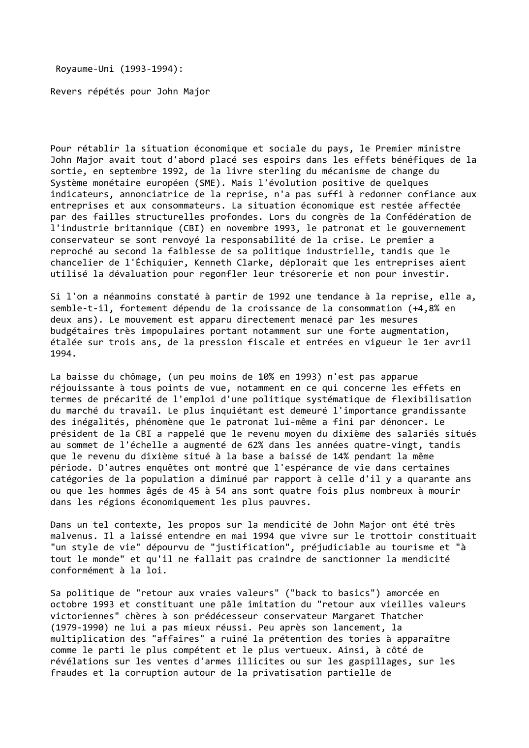 Prévisualisation du document Royaume-Uni (1993-1994):

Revers répétés pour John Major