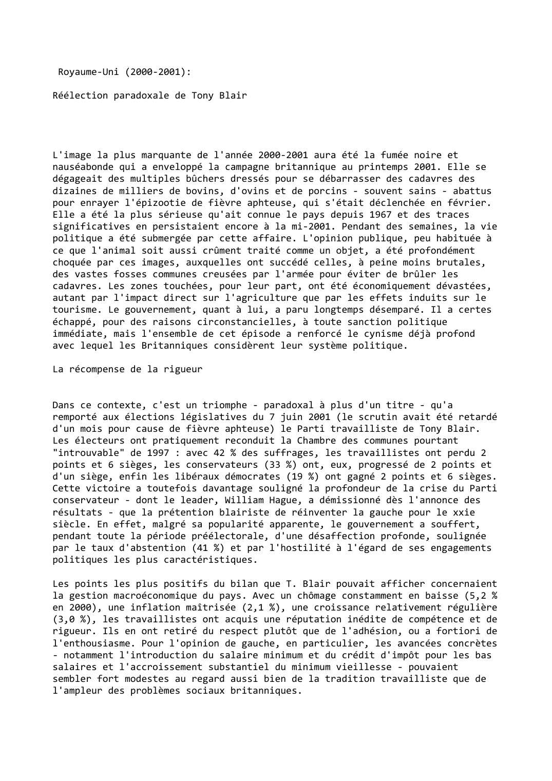 Prévisualisation du document Royaume-Uni (2000-2001):

Réélection paradoxale de Tony Blair