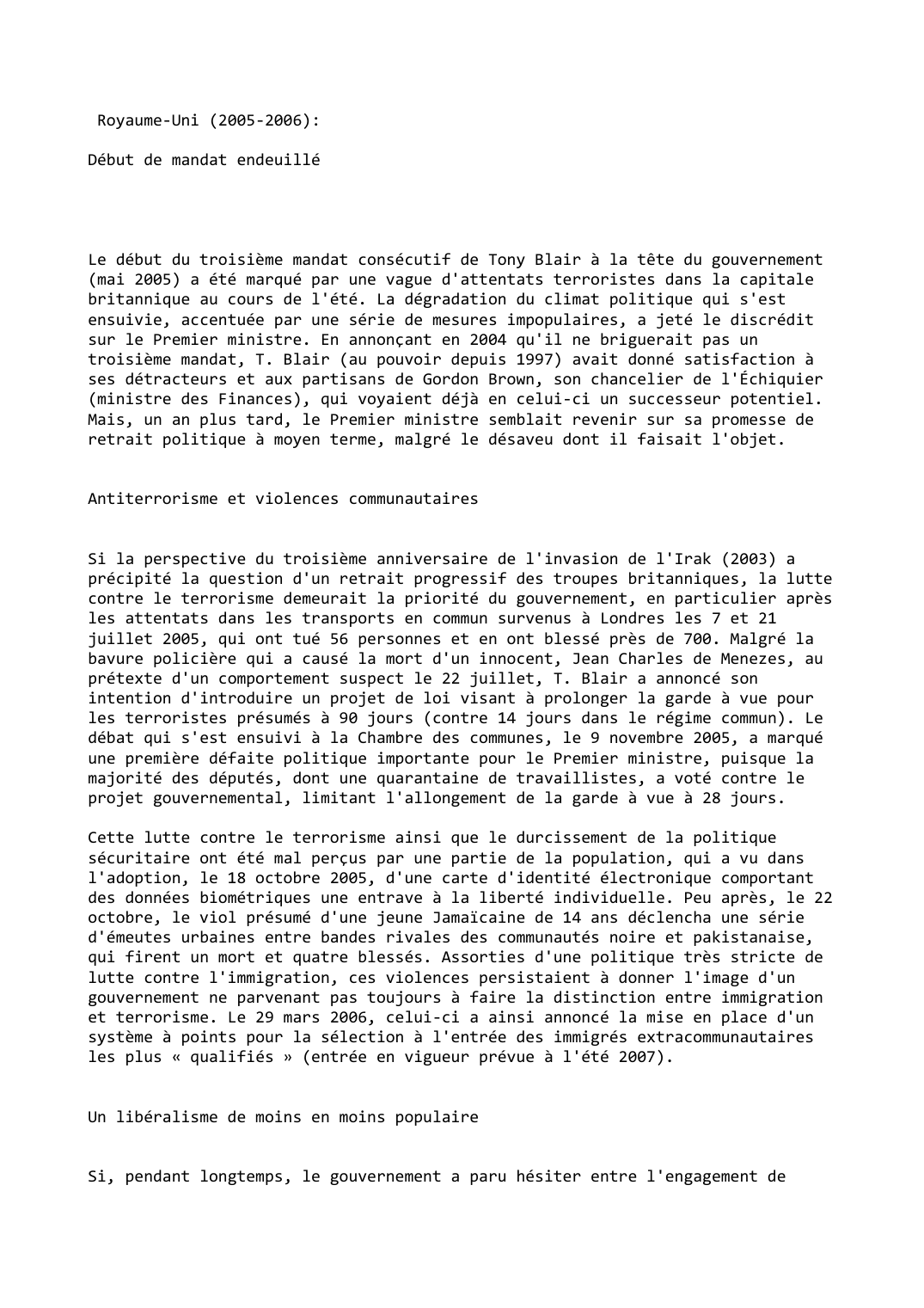 Prévisualisation du document Royaume-Uni (2005-2006):

Début de mandat endeuillé