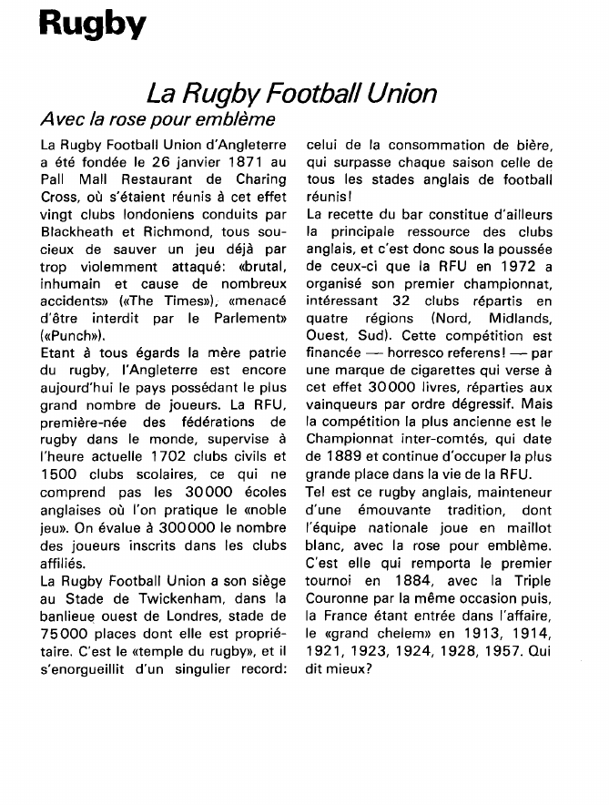 Prévisualisation du document Rugby:La Rugby Football Union (sport).