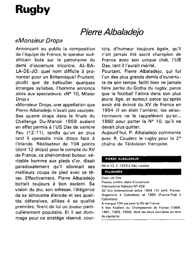 Prévisualisation du document Rugby:Pierre Albaladejo (sport).