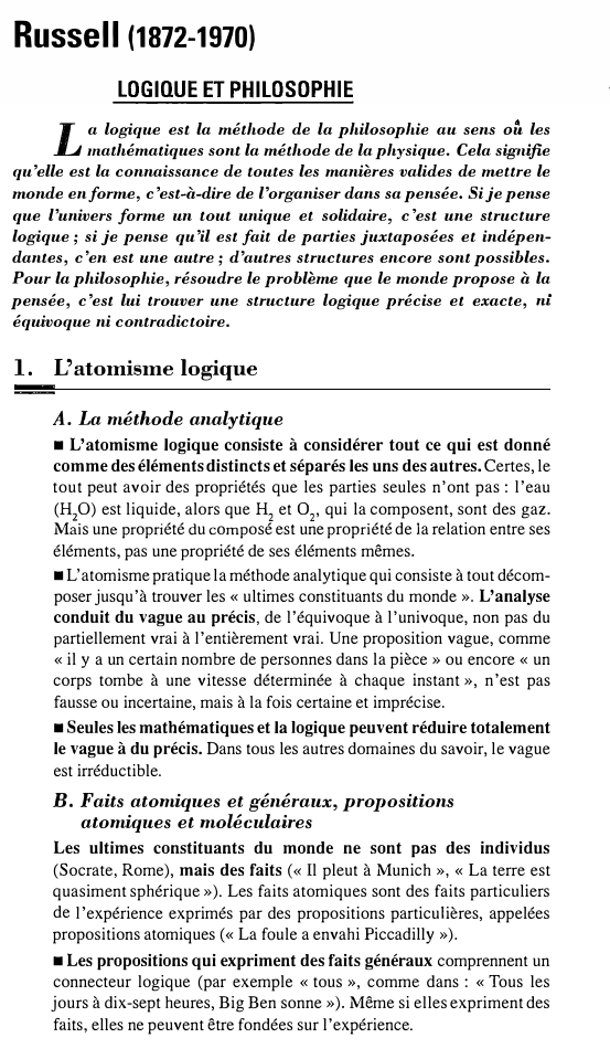 Prévisualisation du document Russell (1872-1970)

L

a logique est la méthode de la philosophie au sens oÔ- les
mathématiques sont la méthode de...