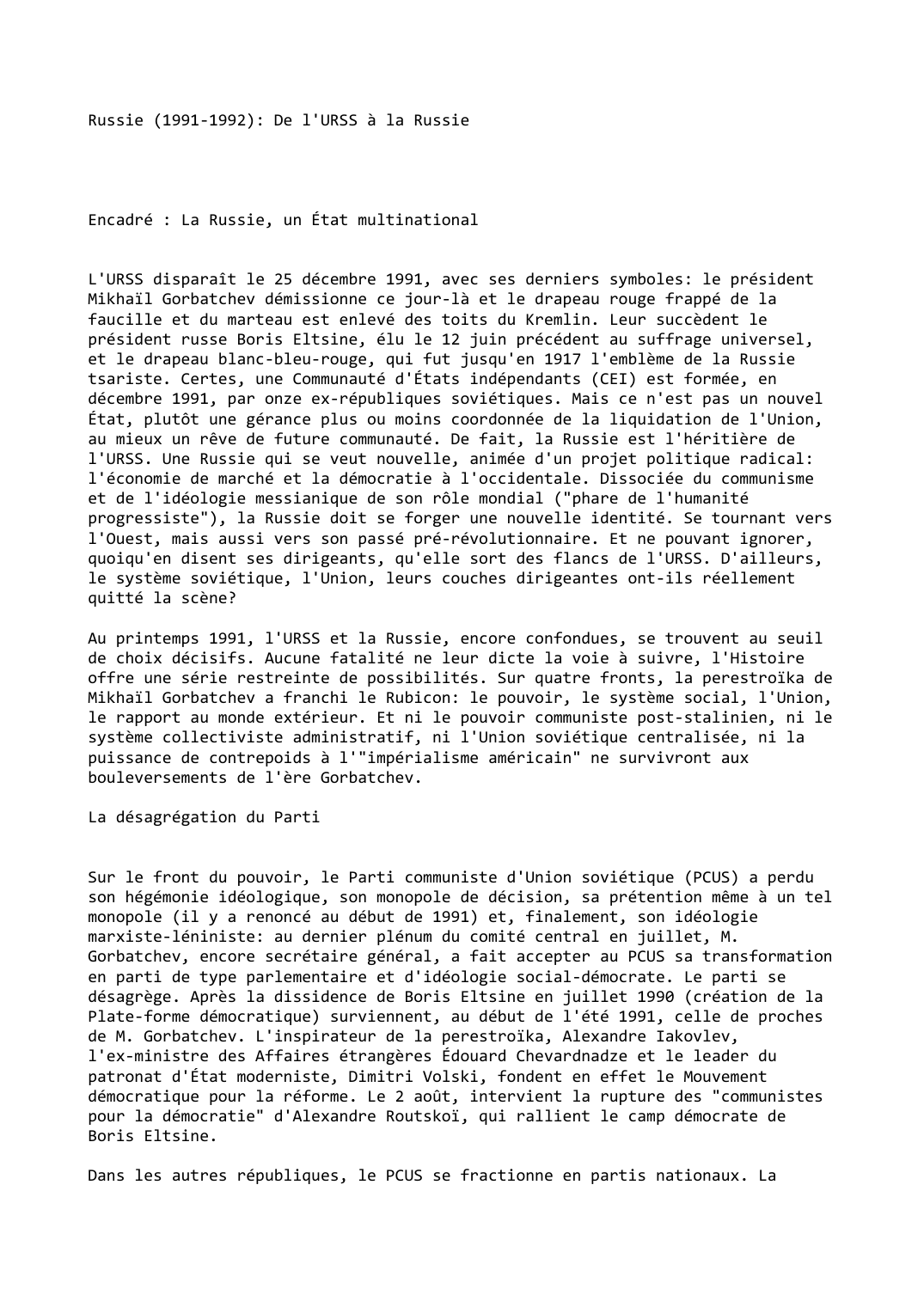 Prévisualisation du document Russie (1991-1992): De l'URSS à la Russie