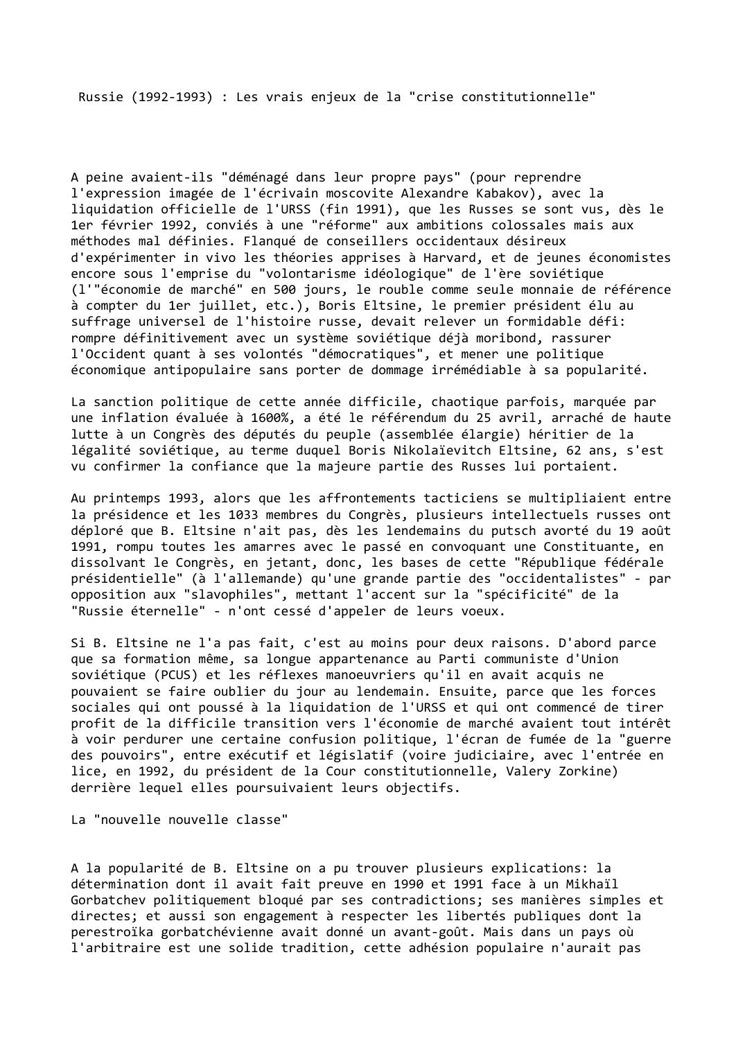Prévisualisation du document Russie (1992-1993) : Les vrais enjeux de la "crise constitutionnelle"