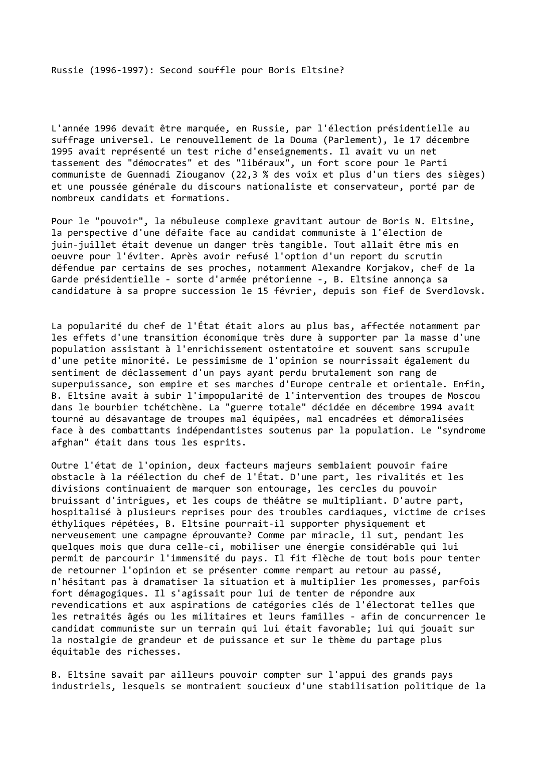 Prévisualisation du document Russie (1996-1997): Second souffle pour Boris Eltsine?