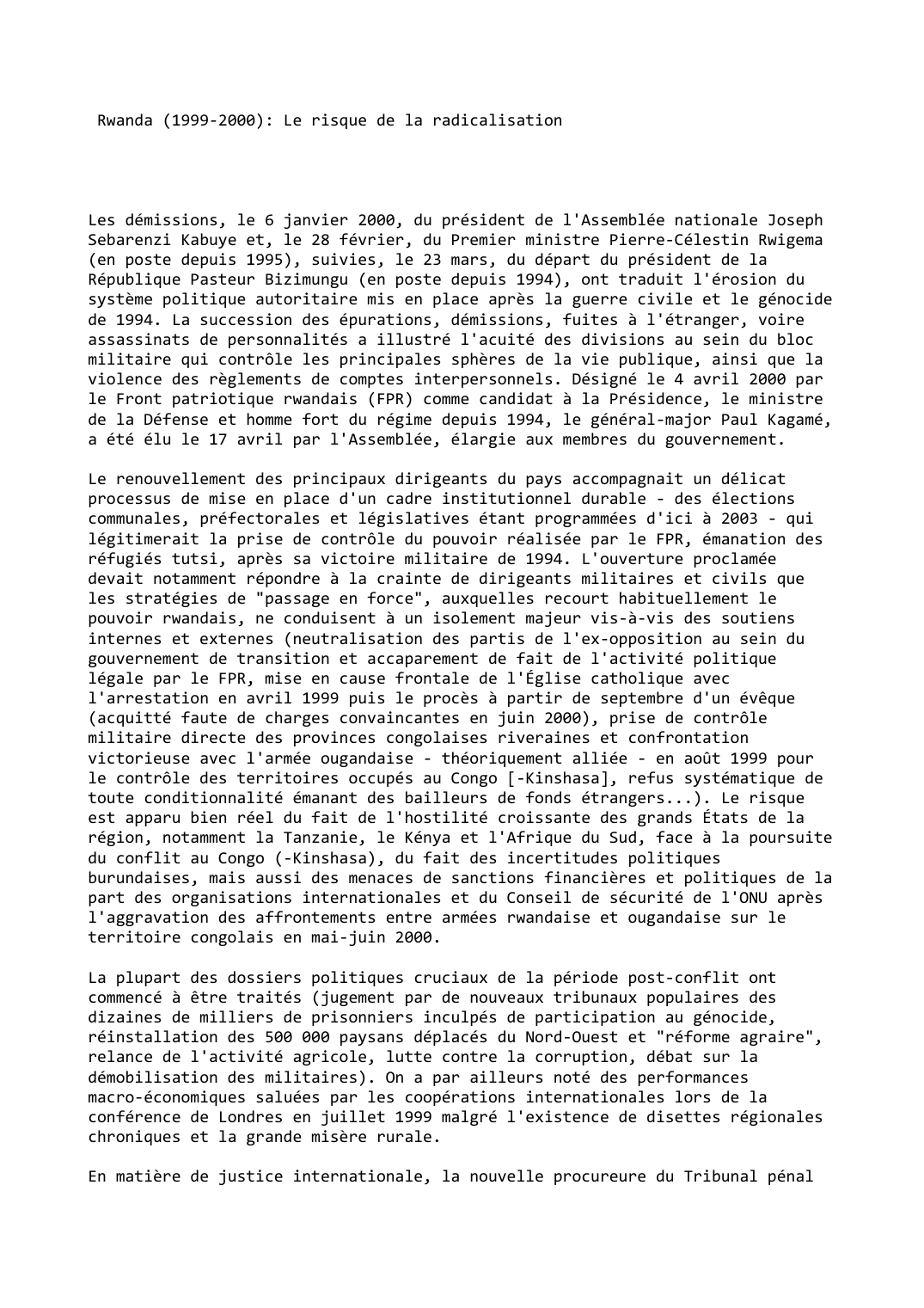 Prévisualisation du document Rwanda (1999-2000): Le risque de la radicalisation