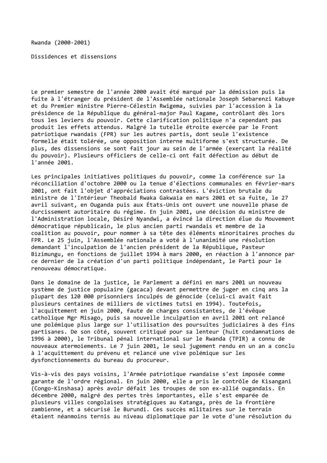 Prévisualisation du document Rwanda (2000-2001): Dissidences et dissensions