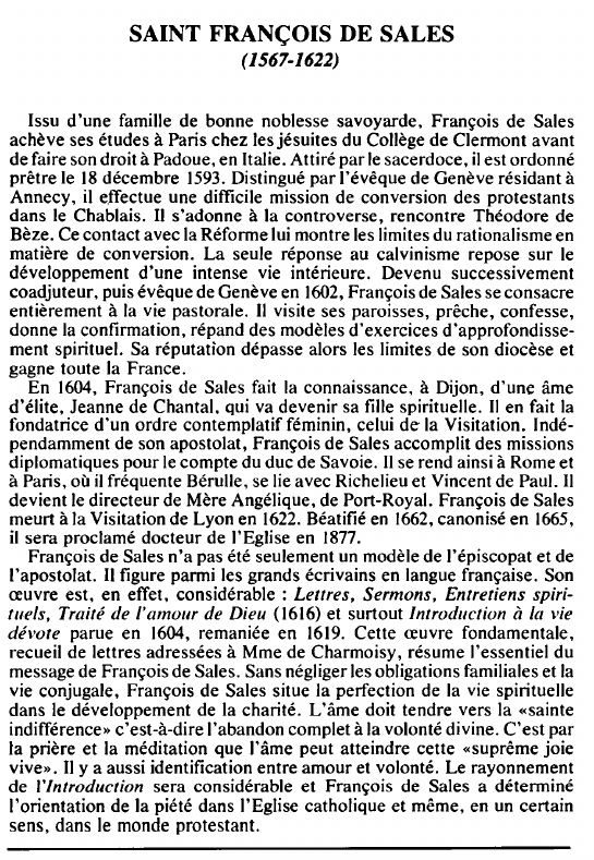 Prévisualisation du document SAINT FRANÇOIS DE SALES(1567-1622) - BIOGRAPHIE.