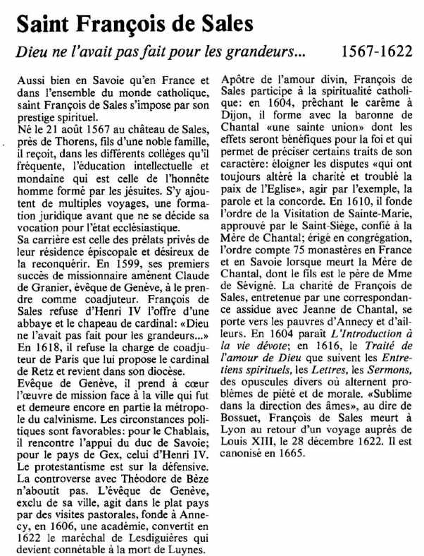 Prévisualisation du document Saint François de SalesDieu ne l'avait pas fait pour les grandeurs.