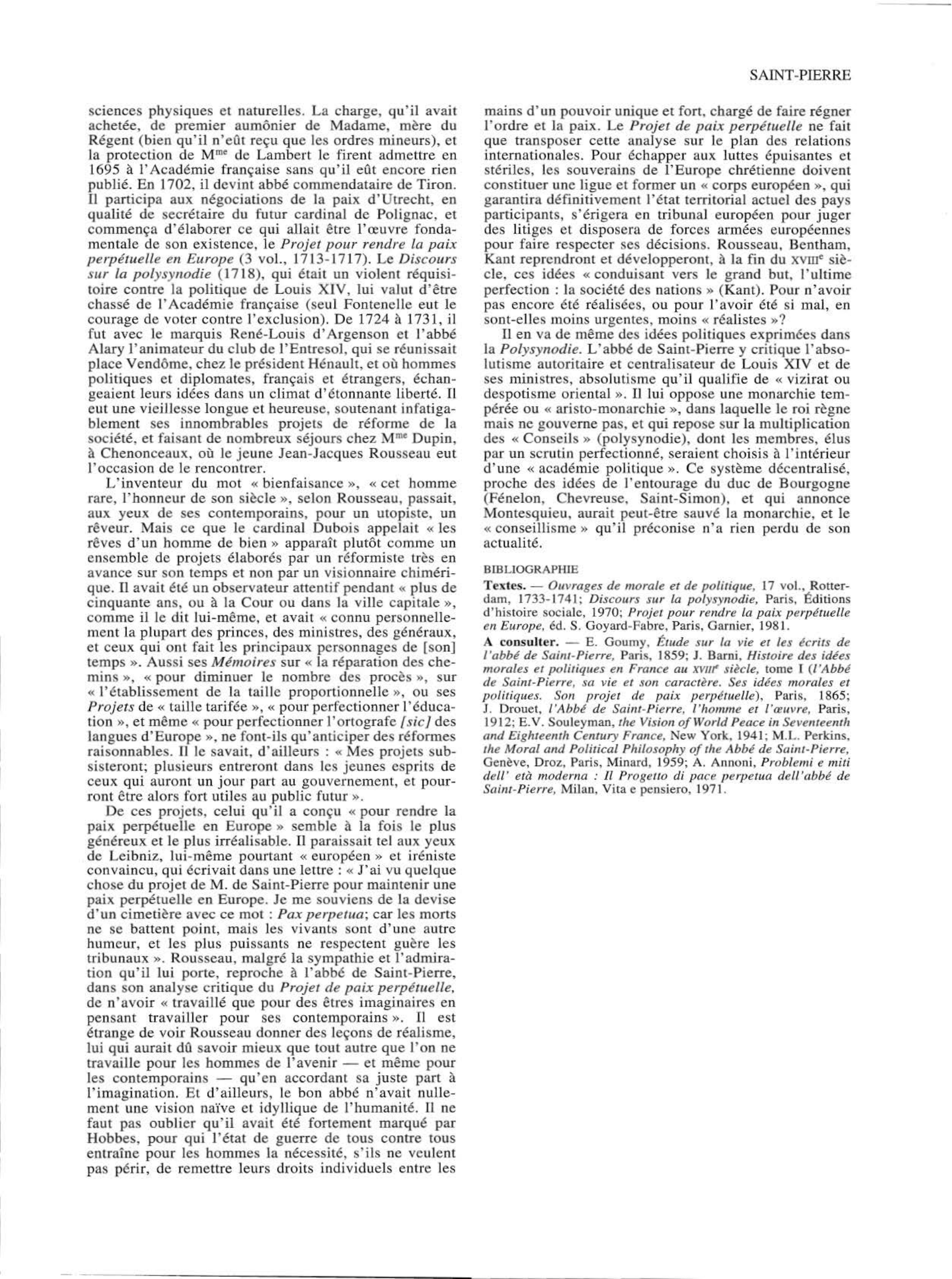 Prévisualisation du document SAINT-PIERRE, Charles Irénée Castel, abbé de (vie et oeuvre)