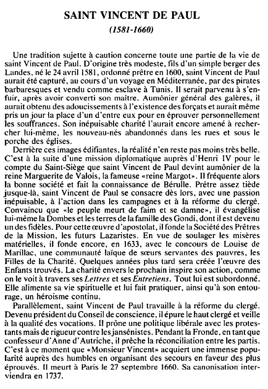 Prévisualisation du document SAINT VINCENT DE PAUL( 1581-1660) - BIOGRAPHIE.