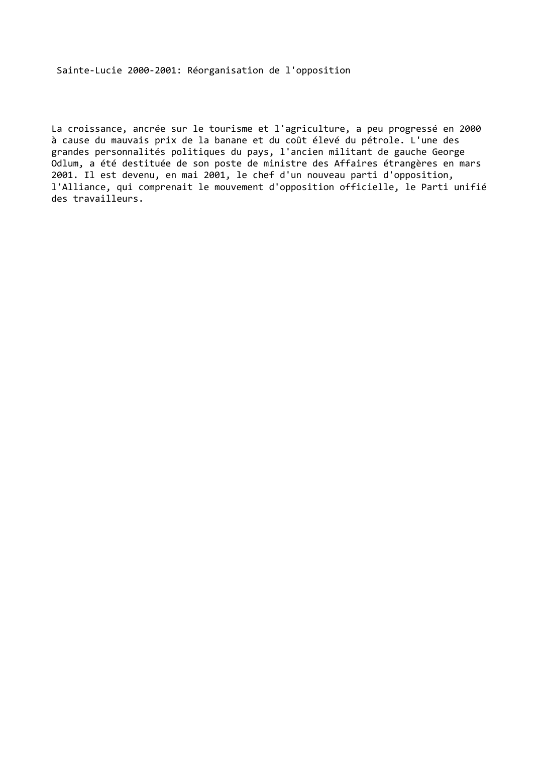 Prévisualisation du document Sainte-Lucie 2000-2001: Réorganisation de l'opposition