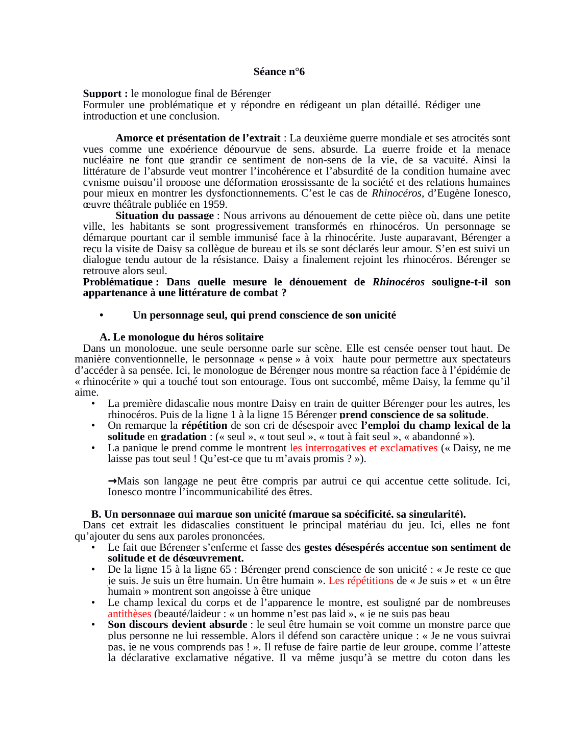 Prévisualisation du document Séance n°6  Support : le monologue final de BérengerFormuler une problématique et y répondre en rédigeant un plan détaillé.