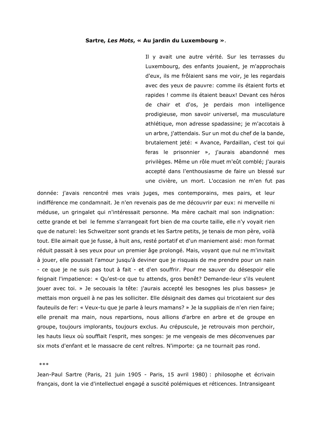 Prévisualisation du document Sartre, Les Mots, « Au jardin du Luxembourg ». Commentaire