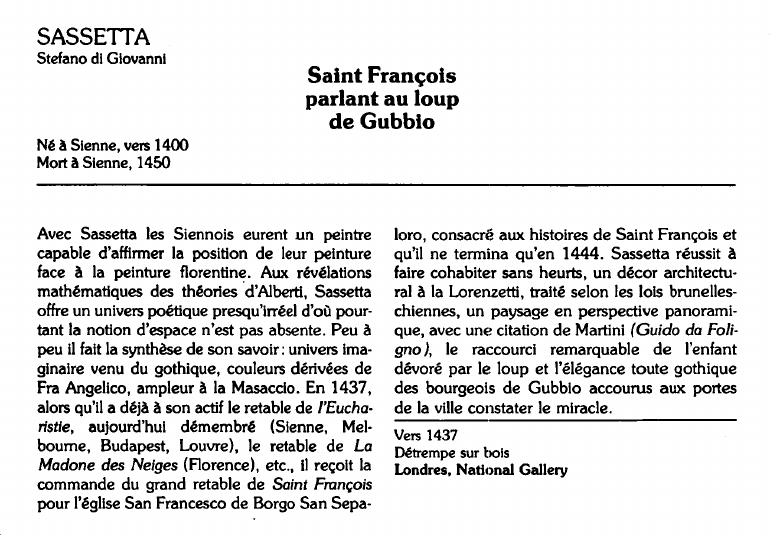 Prévisualisation du document SASSETTAStefano dl Giovanni:Saint Françoisparlant au loupde Gubbio (analyse du tableau).