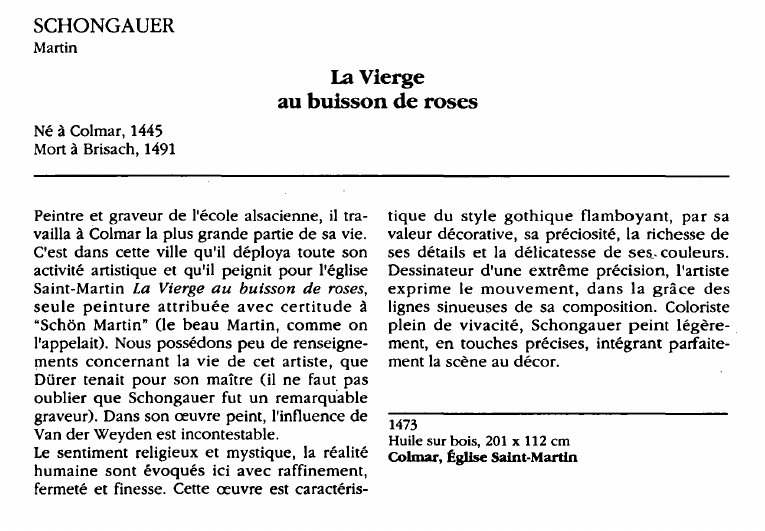 Prévisualisation du document SCHONGAUERMartin:La Viergeau buisson de roses (analyse du tableau).
