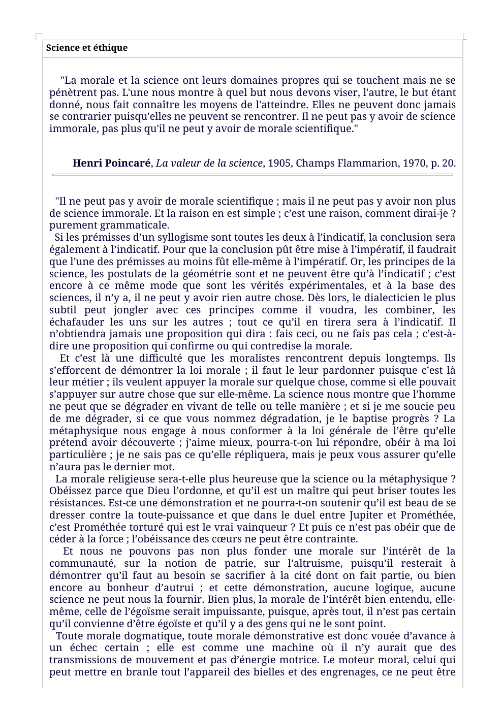 Prévisualisation du document Science et éthique Henri Poincaré, La valeur de la science, 1905, Champs Flammarion, 1970, p. 20.