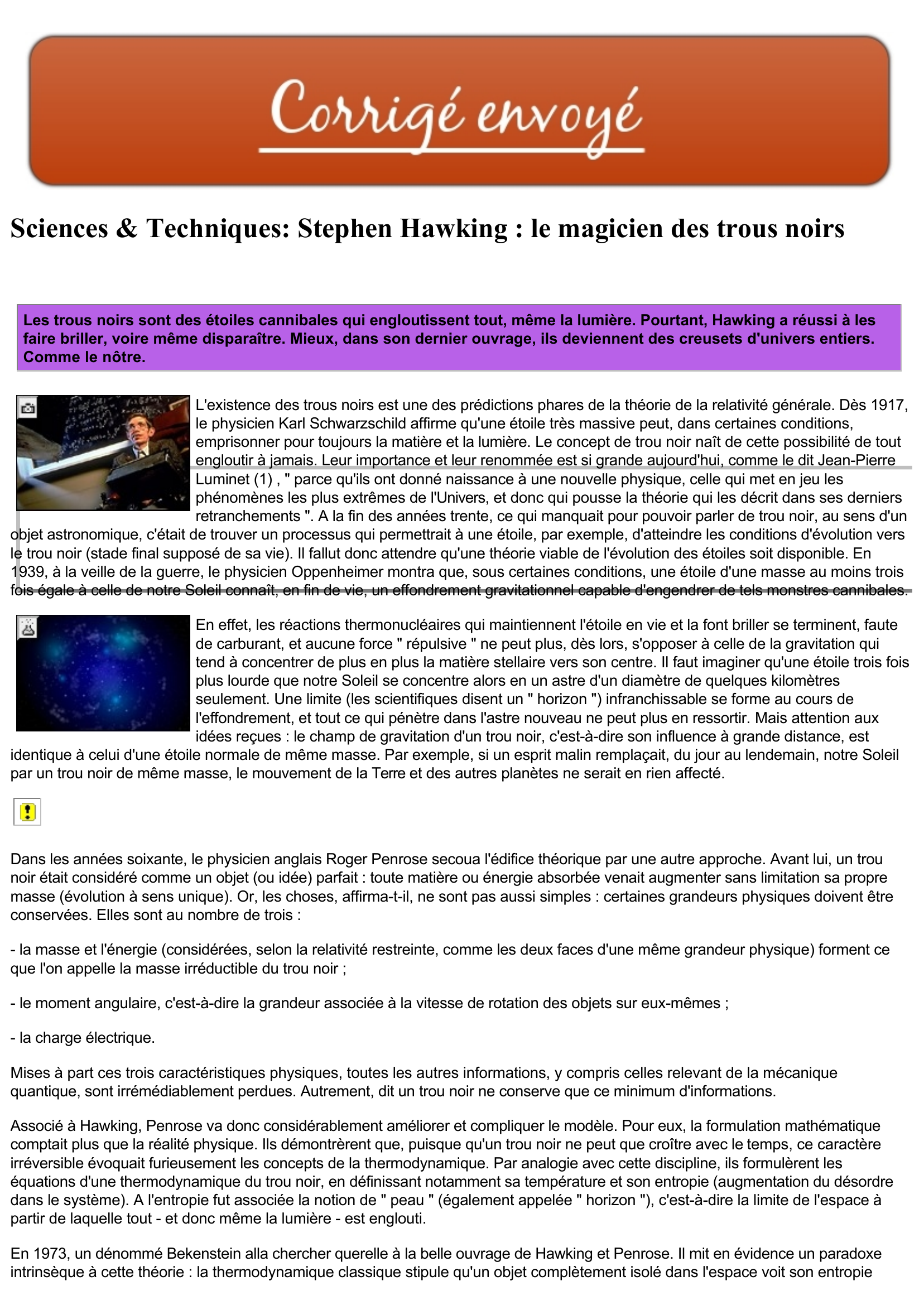 Prévisualisation du document Sciences & Techniques: Stephen Hawking et les trous noirs