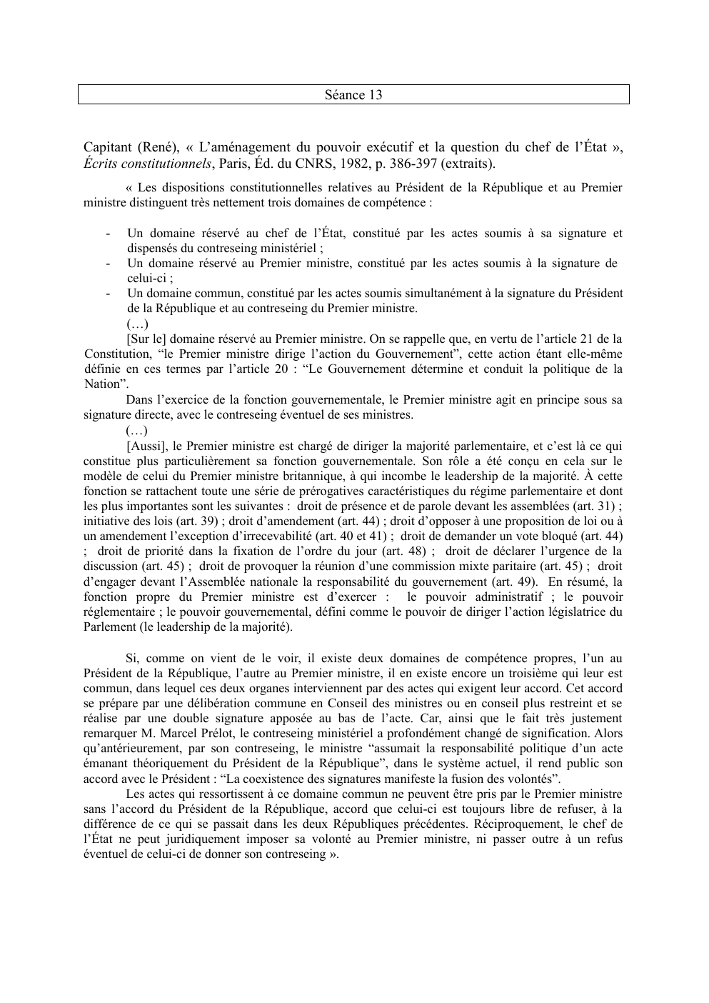 Prévisualisation du document séance 13 premier ministre Capitant (René), « L’aménagement du pouvoir exécutif et la question du chef de l’État »