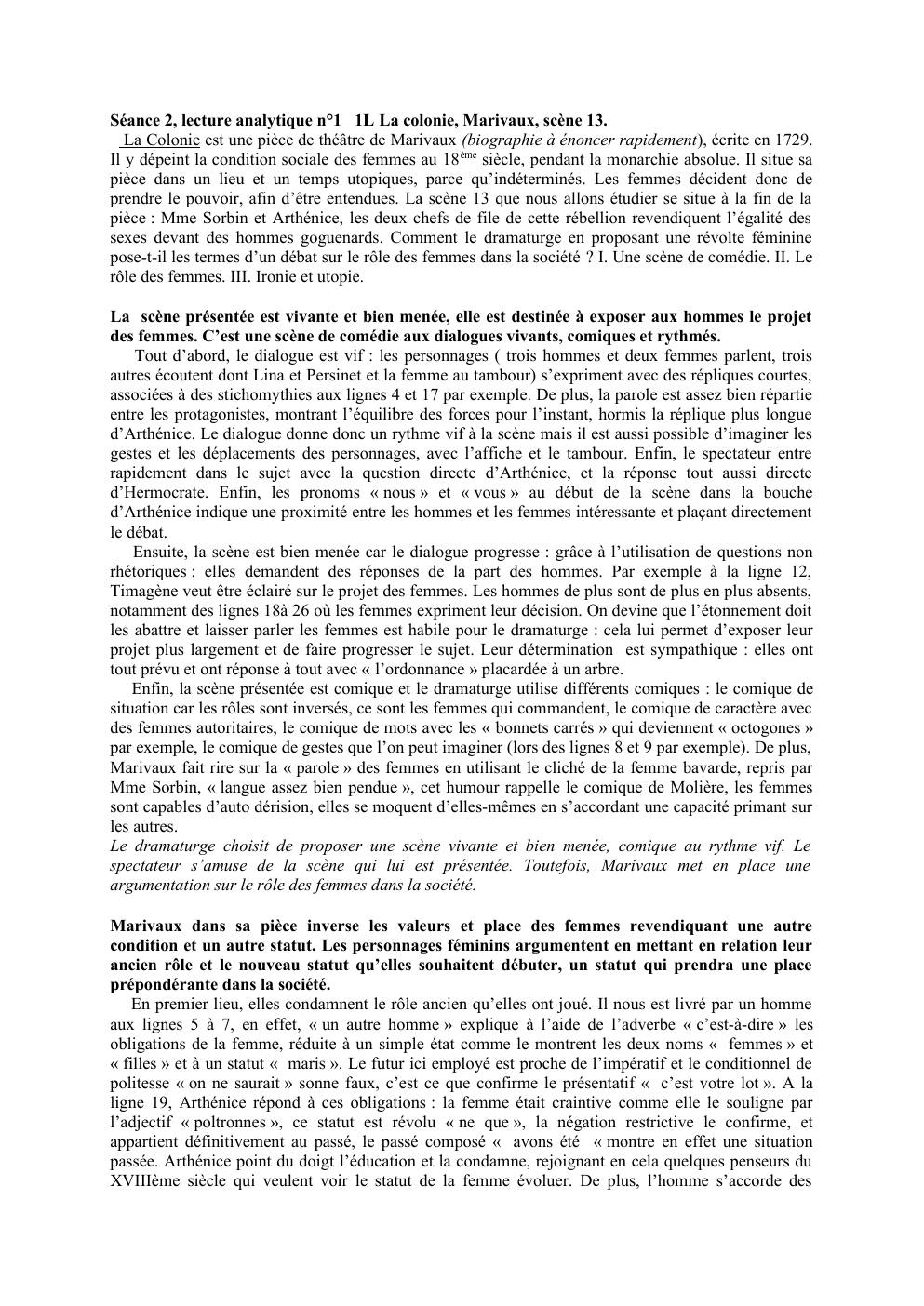 Prévisualisation du document Séance 2, lecture analytique n°1 1L La colonie, Marivaux, scène 13.