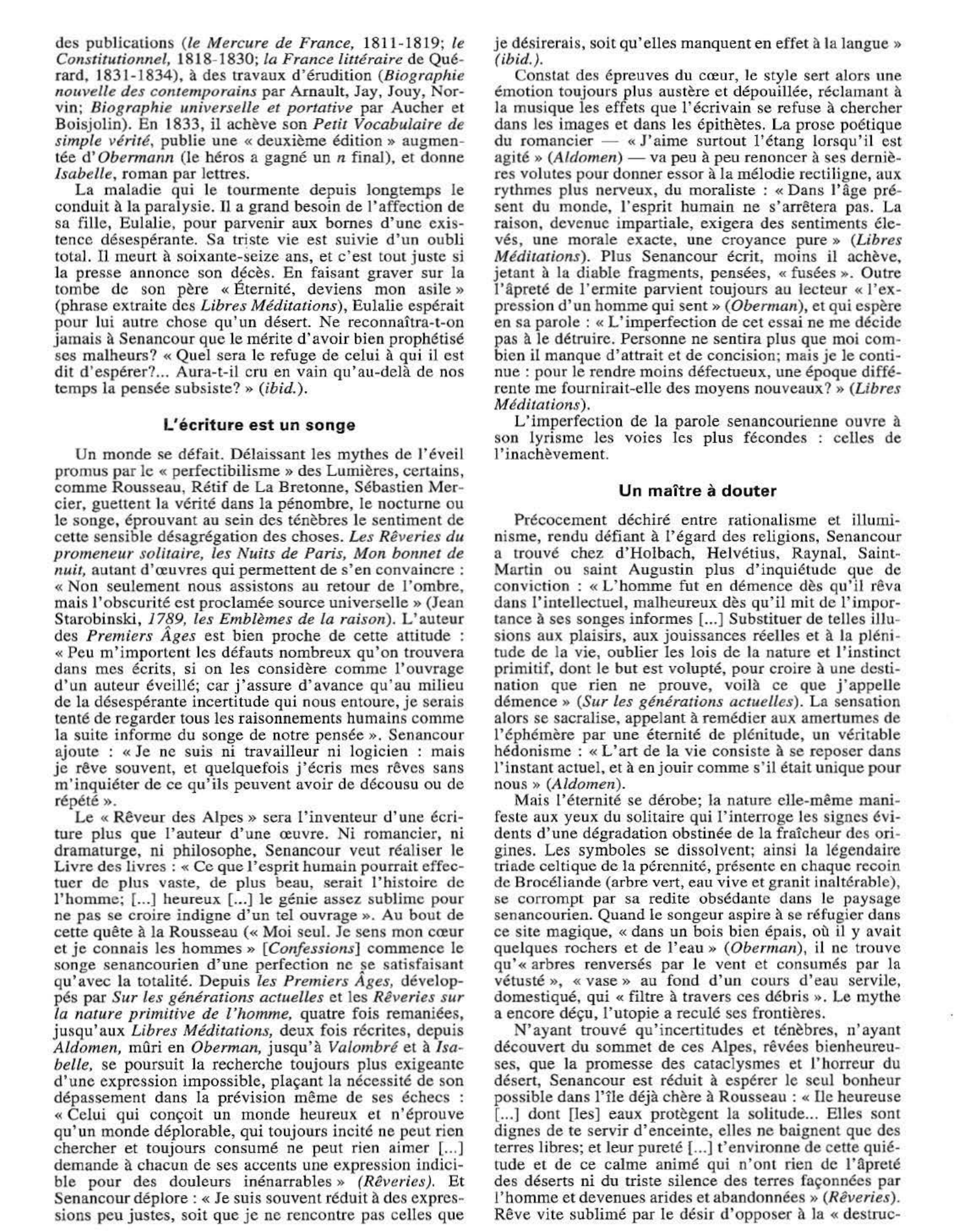 Prévisualisation du document SENANCOUR, Etienne Jean-Baptiste Pierre Ignace Pivert de: analyse et critique de l'oeuvre