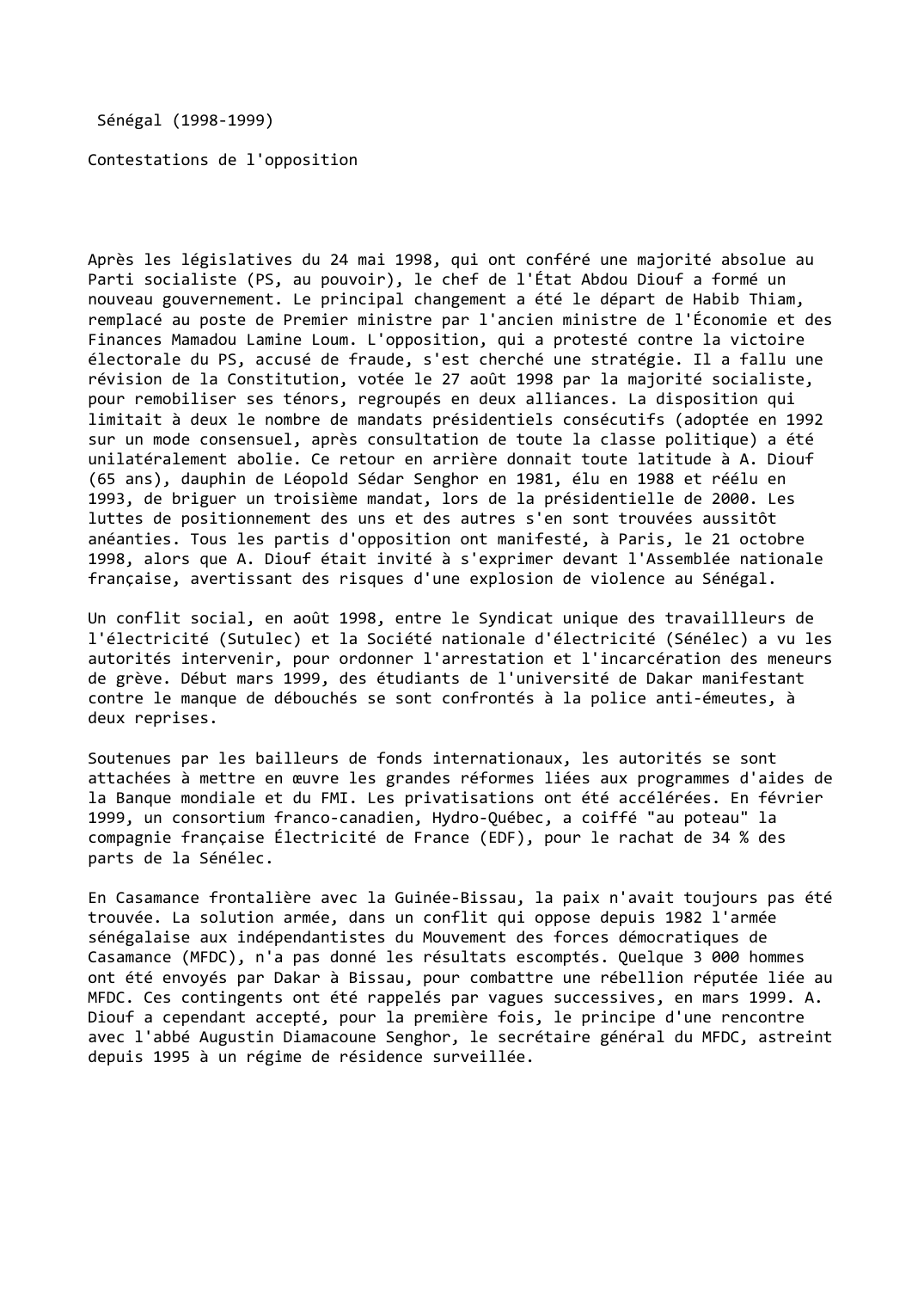 Prévisualisation du document Sénégal (1998-1999)

Contestations de l'opposition