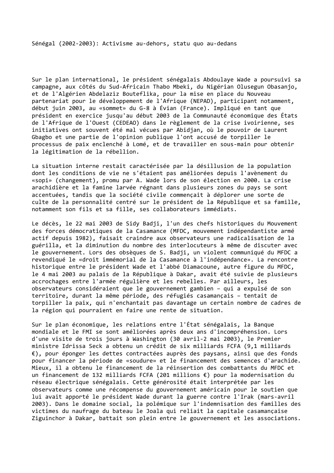Prévisualisation du document Sénégal (2002-2003): Activisme au-dehors, statu quo au-dedans