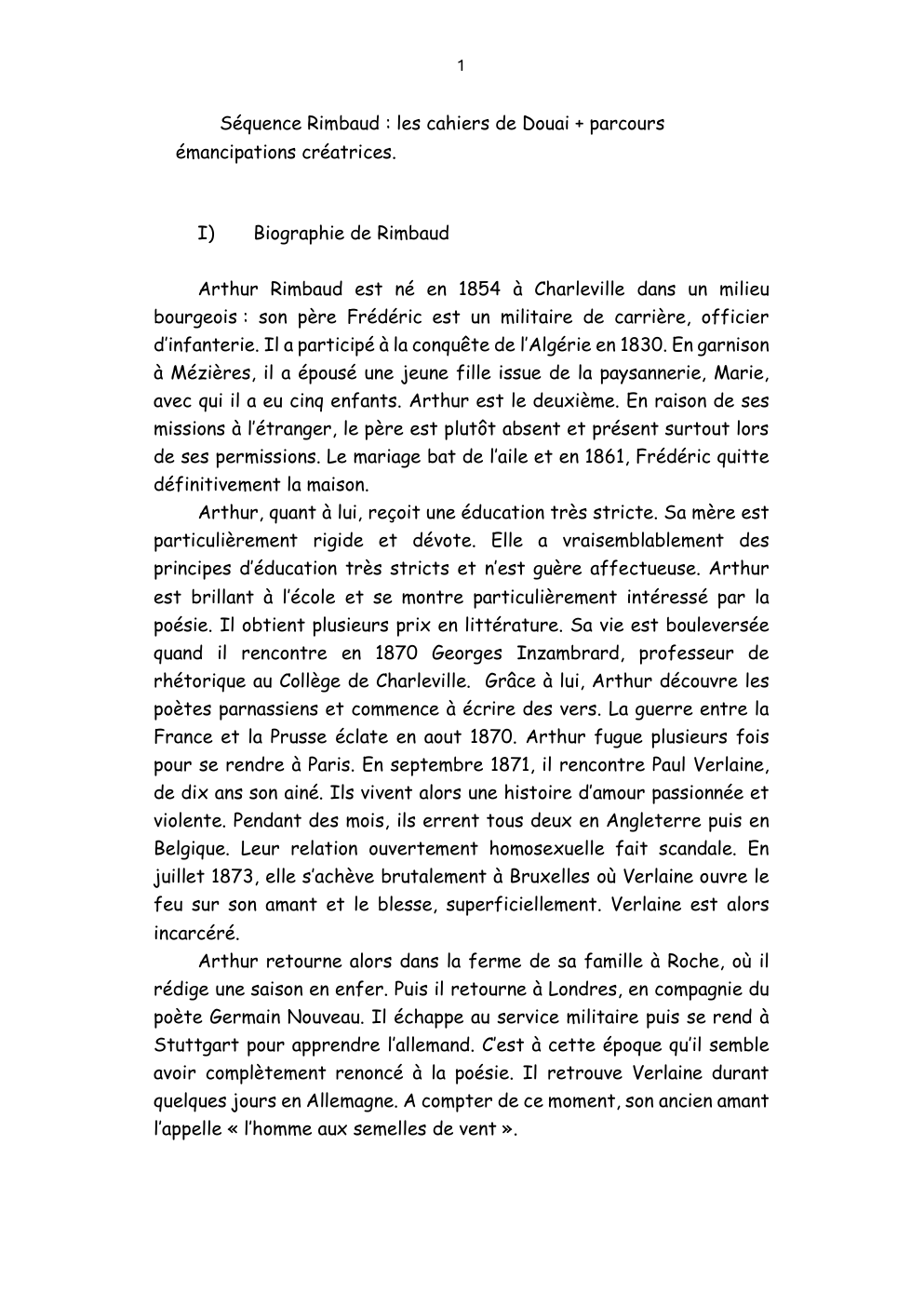 Prévisualisation du document Séquence Rimbaud : les cahiers de Douai + parcours émancipations créatrices.