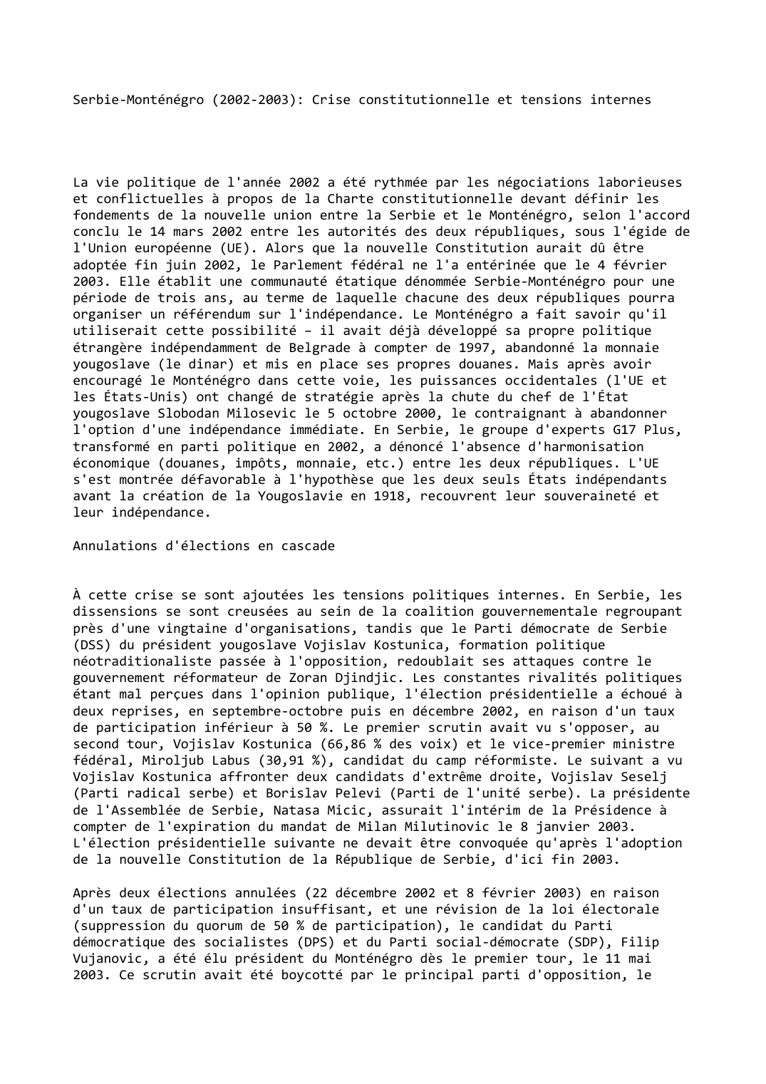 Prévisualisation du document Serbie-Monténégro (2002-2003): Crise constitutionnelle et tensions internes